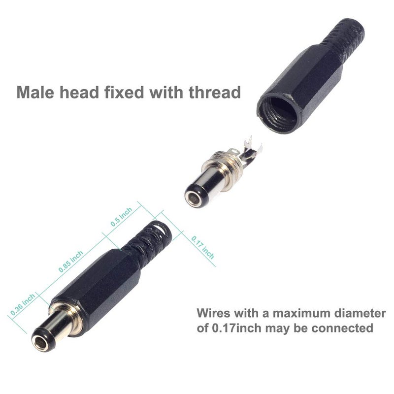 QTEATAK 10Pack 5.5MM x 2.5MM DC Male Power Plug Solder Power Jack Adapter Connector and 10Pack DC Female 3Pin Panel PCB Mount Connector Electrical Connectors Dustproof Plug with Waterproof Caps - Image 1